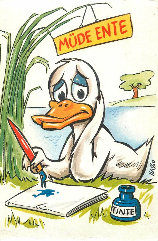 Postcard Comic fantasy mude ente tinte write sad river nature natural duck  art