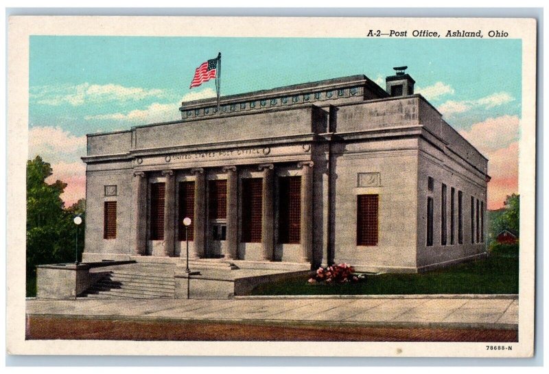 Ashland Ohio OH Postcard Post Office Building Exterior View 1940 Vintage Antique