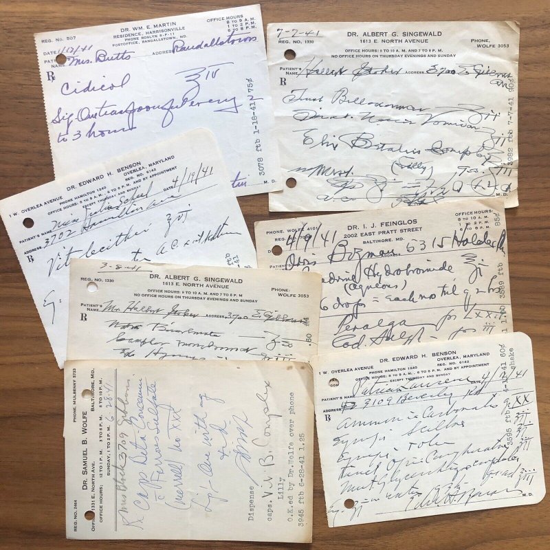 Lot of 7 - Vintage 1940's Written And Signed Medical Perscriptions - MARYLAND MD