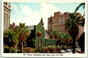 Postcard - St. Mary's Cathedral and Hotel Jean La Fitte - Galveston, Texas