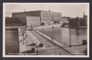 Vintage postcard Stockholm Sweden Royal Palace Strombron bridge tram cars