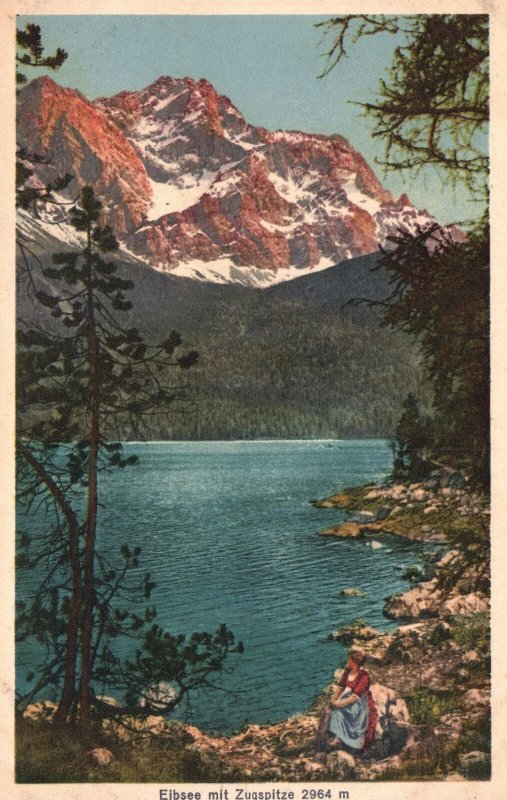 Vintage Postcard  Eibsee Mit Zugspitze 2964 m Lake Mountain Peak Bavaria Germany