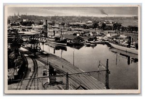 RPPC Birds Eye View of Harbor Odense Denmark UNP Postcard P28