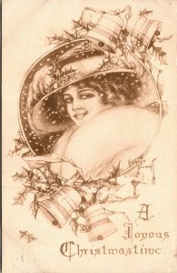 Vtg Christmas Artist Signed Kathryn Elliot Victorian Women in Hat 1910s Postcard