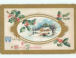 Pre-Linen christmas SNOW-COVERED HOUSE IN BRIDGE BY THE RIVER WITH HOLLY J1755
