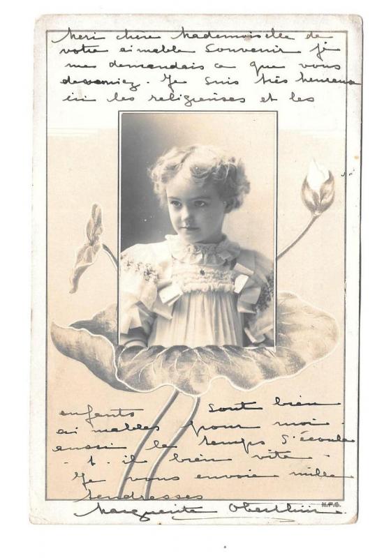 Greetings -  Young Girl within flowers-undivided card c1904 #9002