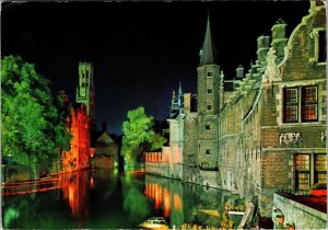 VINTAGE CONTINENTAL SIZE POSTCARD THE BELFRY BY NIGHT BRUGES BELGIUM 1974