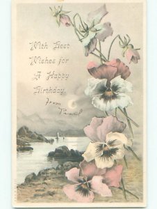 Pre-1907 LAKE SCENE WITH BEAUTIFUL PANSY FLOWERS J3702