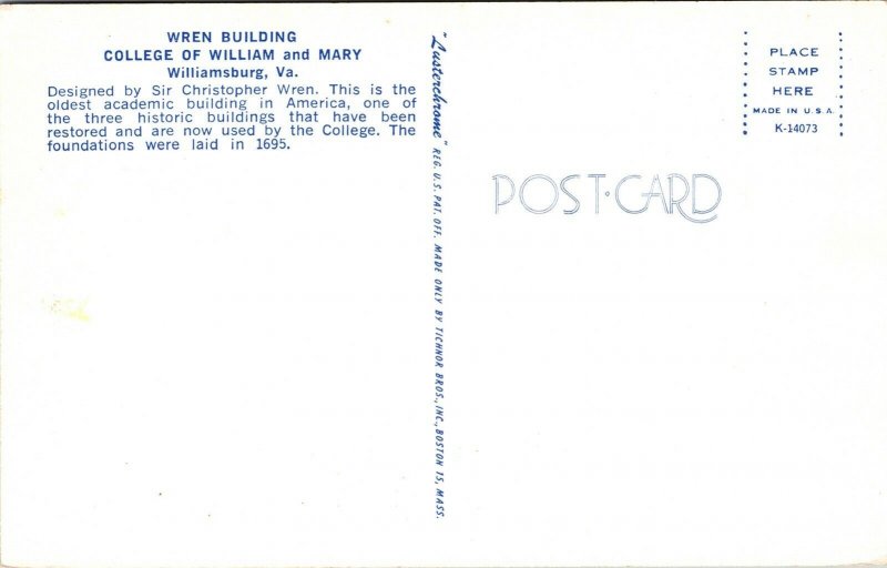 Wren Building College William Mary Williamsburg VA Virginia VTG Postcard UNP