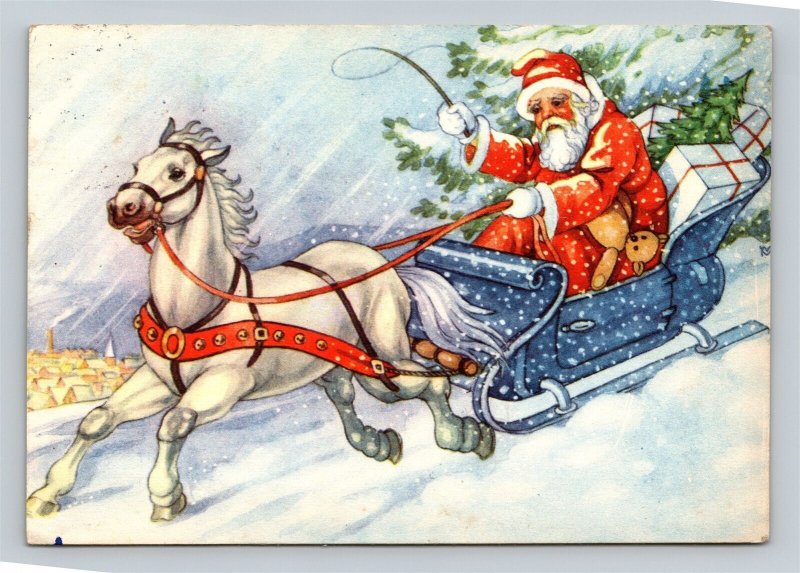 c1970 Ded Morez Santa Claus Horse Drawn Sleigh New Years Croatian Postcard