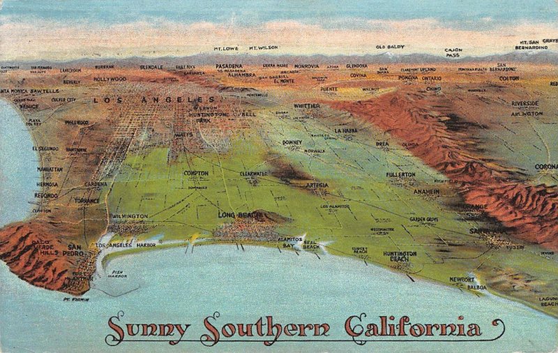 SUNNY SOUTHERN CALIFORNIA Map Los Angeles Redondo 1923 Freiberg Vintage Postcard