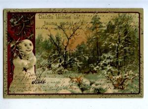 202816 Winter Hunt Deer SNOWMAN Vintage EMBOSSED NEW YEAR PC