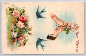 Flower Greetings~Clasped Hands Hold White Rose~Blue Birds~c1910 Vintage Postcard
