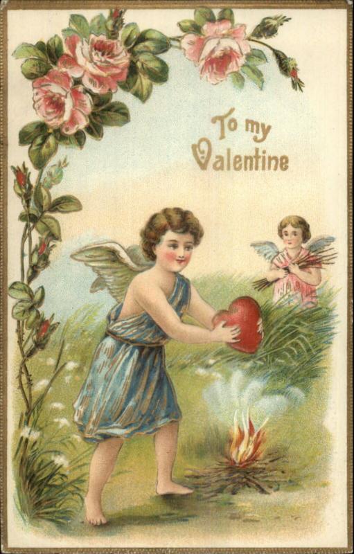 Valentine - Cupid Cherub w/ Heart Over Fire Rose Border ASB 251 Postcard