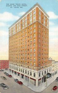 ST LOUIS, MO Missouri  MARK TWAIN HOTEL & Street View~Cars c1930s Linen Postcard