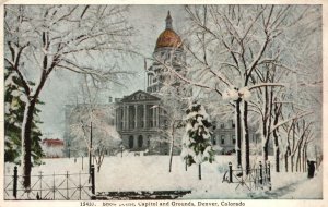 Vintage Postcard 1925 Snow Scene State Capitol & Grounds Denver Colorado CO