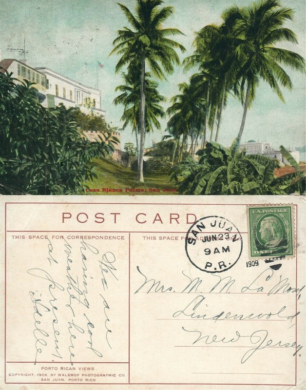 SAN JUAN PUERTO RICO CASA BLANCA PALMS ANTIQUE 1909 POSTCARD w/ CORK CANCEL