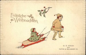 HLW Christmas Frohliche Weihnachten Children Sledding c1910 Vintage Postcard