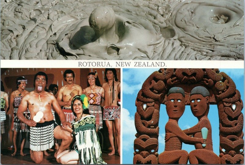 postcard Rotorura, New Zealand - boiling mud, pokarekare ana, Hinemoa Tutanekai