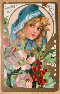 Vintage Victorian Postcard 1911 Seasons Greetings - Girl in Blue Bonnet