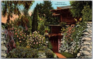 California CA, Entrance Gate to Bungalow House, Flowers Garden, Vintage Postcard