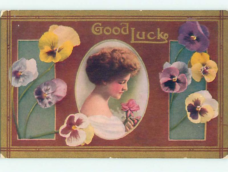 Unused Divided-Back PRETTY GIRL WITH PANSY FLOWERS - GOOD LUCK o9559