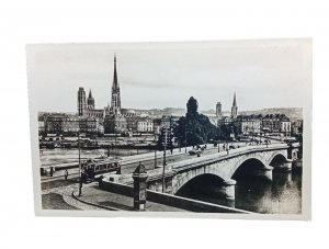 Old Tram Crossing Bridge By Cathedral Rouen France Vintage RP Postcard