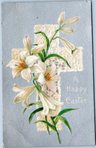 A Happy Easter - embossed cross with lillies on silver background