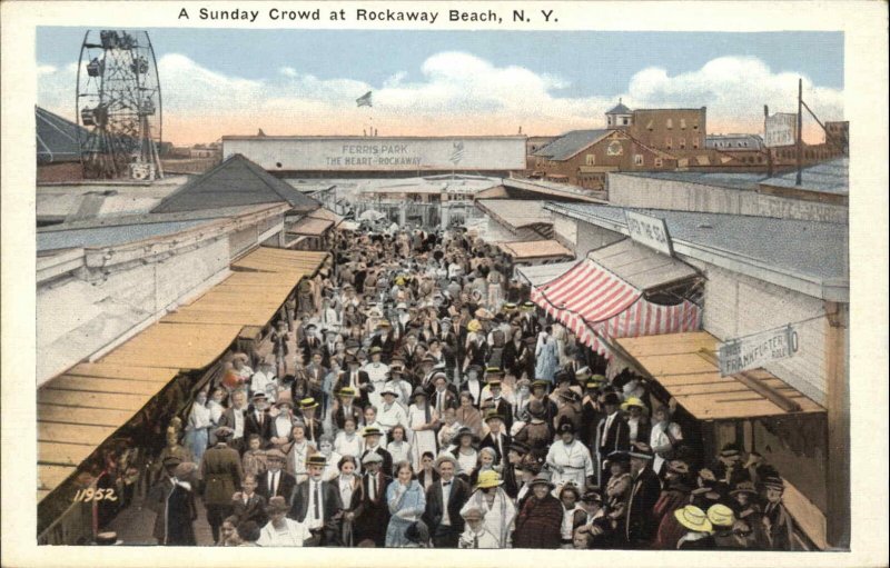 ROCKAWAY BEACH NY Sunday Crowd FERRIS WHEEL c1920 Postcard