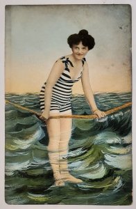 Edwardian Bathing Beauty In The Ocean 1909 Highlands NJ To Hoboken Postcard M24