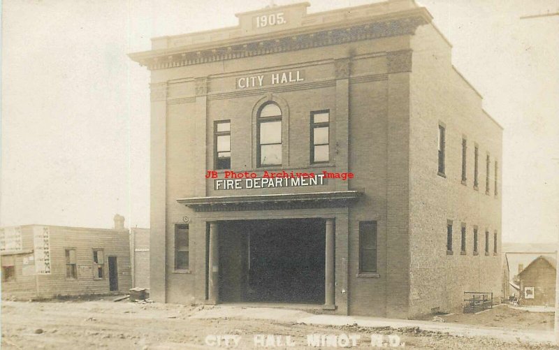 ND, Minot, North Dakota, RPPC, City Hall Building, Fire Department, Photo