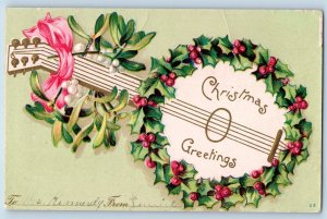 Christmas Postcard Greetings Banjo Covered Holly Berries Mistletoe Clapsaddle
