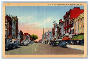 c1930's High Street Looking West Dixie Auto Stores Cars Portsmouth VA Postcard