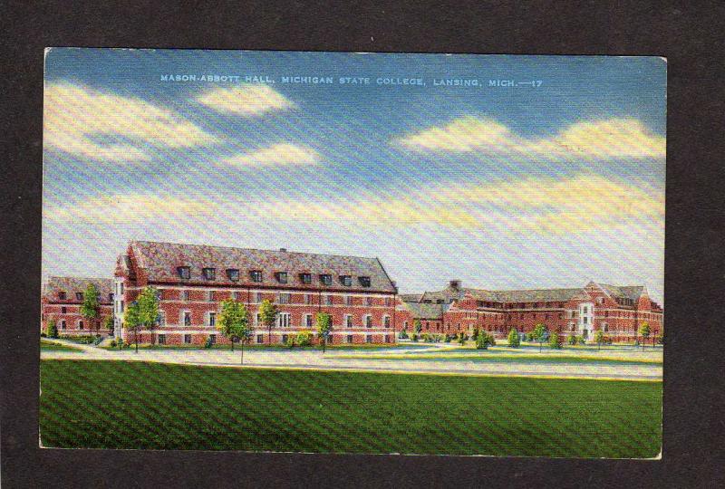 MI Mason Abbott Hall Dorm Michigan State University Lansing Michigan Postcard