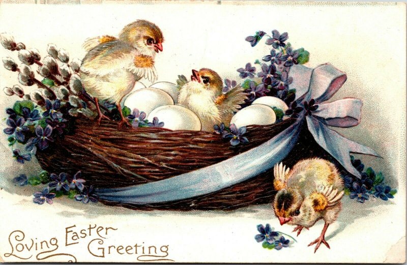 ANTIQUE VTG POSTCARD - LOVING EASTER GREETINGS - CHICKS EGGS PC