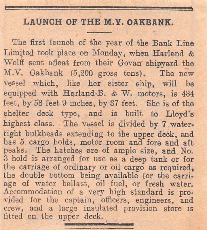 1926 Vintage Belfast Newspaper Clipping  LAUNCH OF THE M.V. OAKBANK, H&W GOVAN