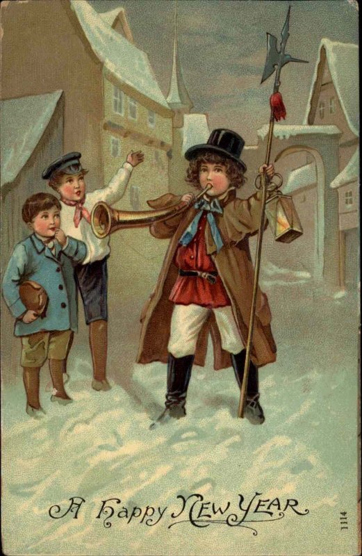 New Year Little Boy Town Crier Plays Horn in Village Embossed c1910 Postcard