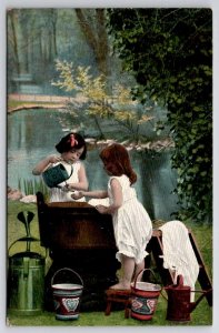 Adorable Girls Wash Laundry At Pond Buckets Watering Cans Ser. 448 Postcard J40