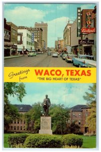 1967 Greetings From Waco Monument Street View The Big Heart Of Texas TX Postcard