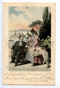 497524 Switzerland SMOKING Gentleman & Lady BORZOI Dog 1901 Vintage postcard