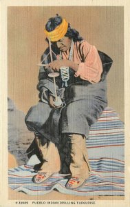 Fred Harvey Linen Postcard Pueblo Indian Man Drilling Turquoise for Jewelry