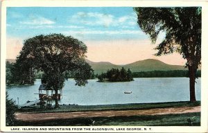 Postcard NY Lake George Lake, Islands and Mountains from the Algonquin 1920s A5