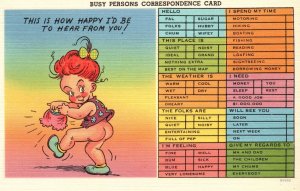 Vintage Postcard Busy Person's Correspondence Card Happy Kid Comical Notes