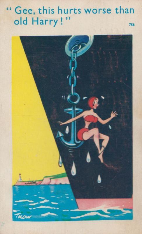 Sexy Lady Overboard Anchor In Bikini Boat Ship Disaster Comic Humour Postcard