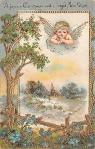 A JOYOUS CHRISTMAS & NEW YEAR HOLIDAY ANGEL CHURCH EMBOSSED POSTCARD (c.1907) PD