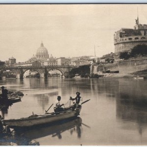1927 Rome Italy RPPC Castel Sant'Angelo Real Photo River Fishing Boat Photo A163