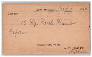 1894 A.F. Smith Lynn Massachusetts MA Boston MA Posted Antique Postal Card