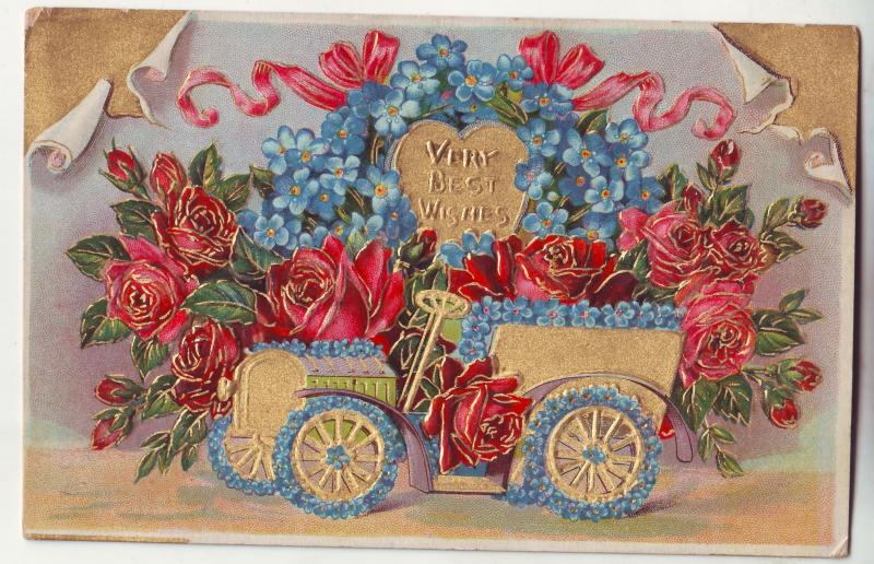 P663 JLs, 1910 best wishes colorful old car decorated with flowers