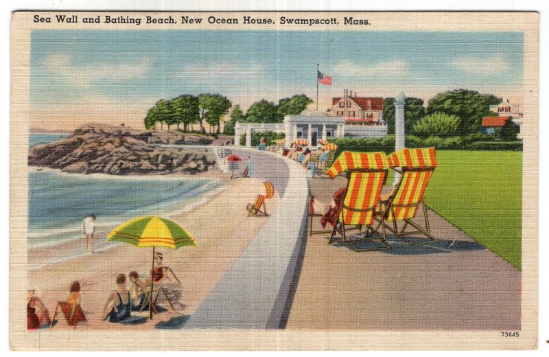 Swampscott, Mass, Sea Wall and Bathing Beach, New Ocean House