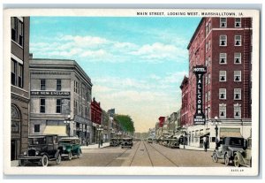 c1920 Main Street Establishments Classic Car Railway Marshalltown IA Postcard 